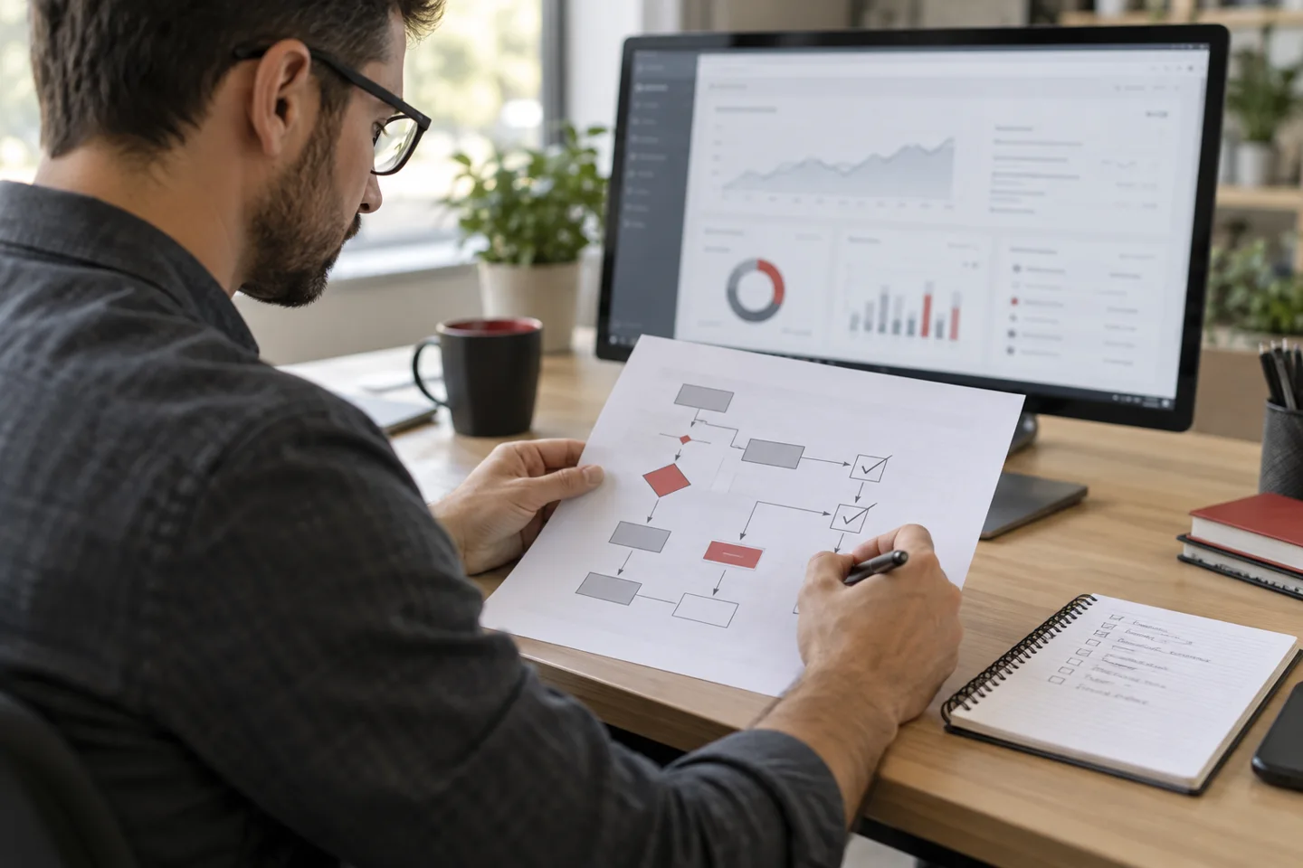 Man reviewing workflow chart beside analytics dashboard