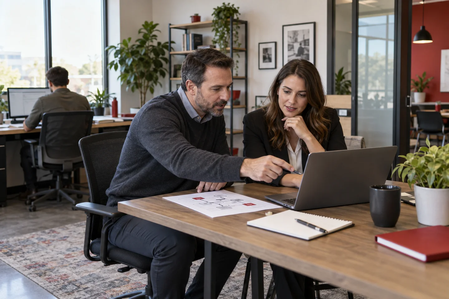Two colleagues review laptop and documents in modern office.