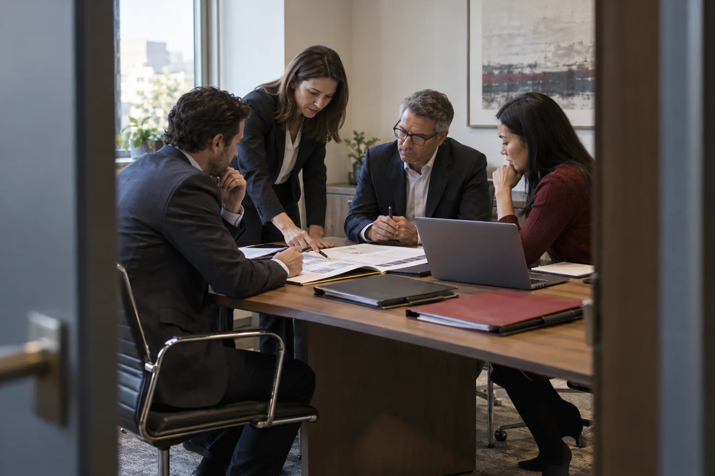 Four professionals reviewing documents in a modern office meeting