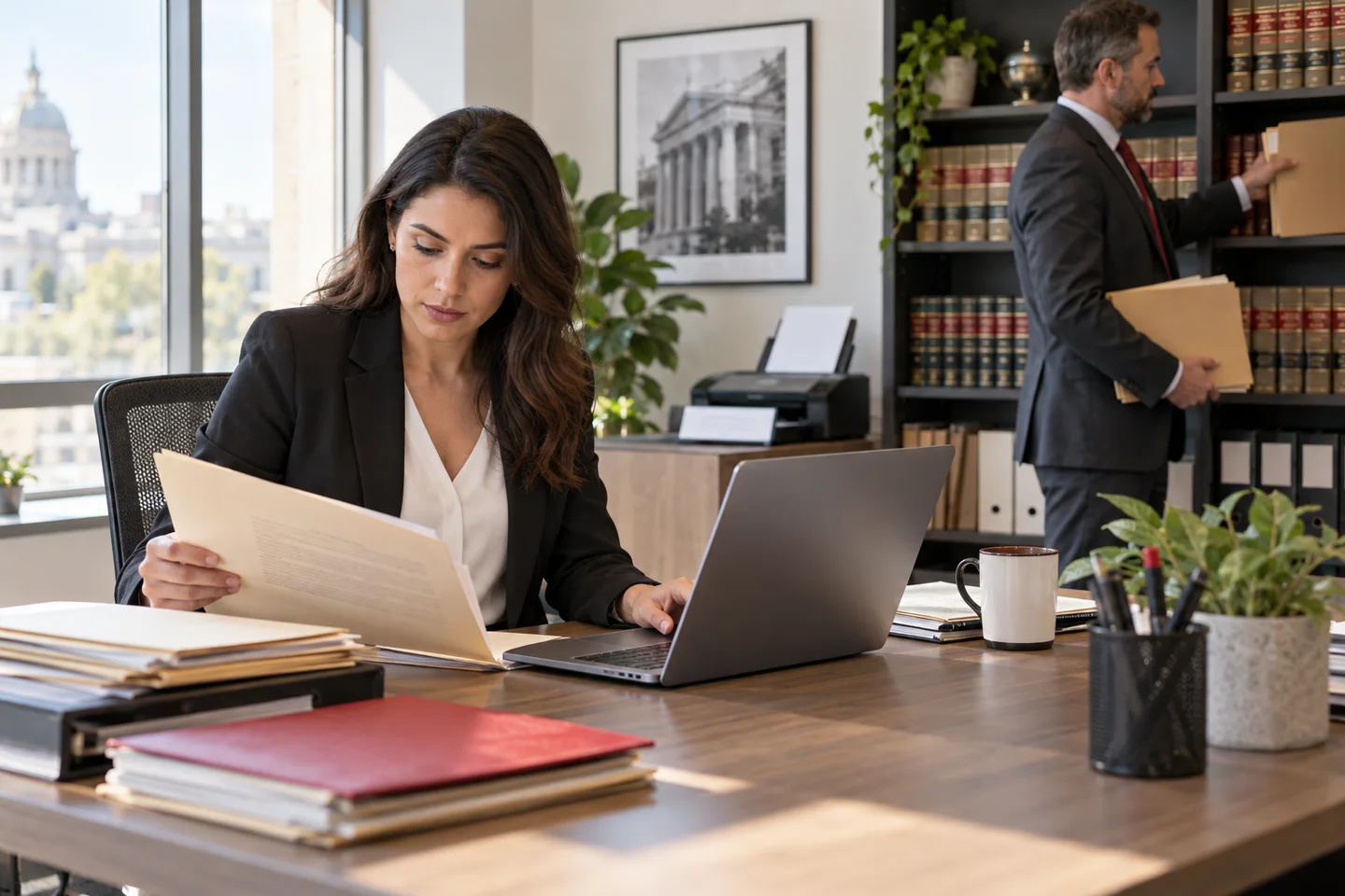 Lawyers reviewing case files in a sunlit office