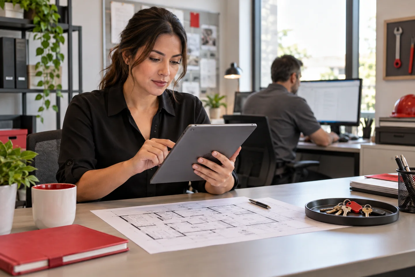 Architect reviewing blueprints on tablet in modern office