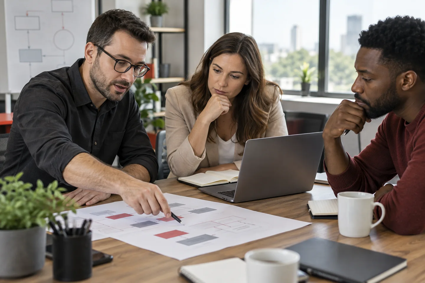 Three coworkers review a workflow diagram beside a laptop.