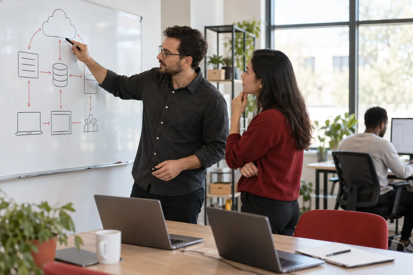 Colleagues reviewing cloud system diagram on office whiteboard