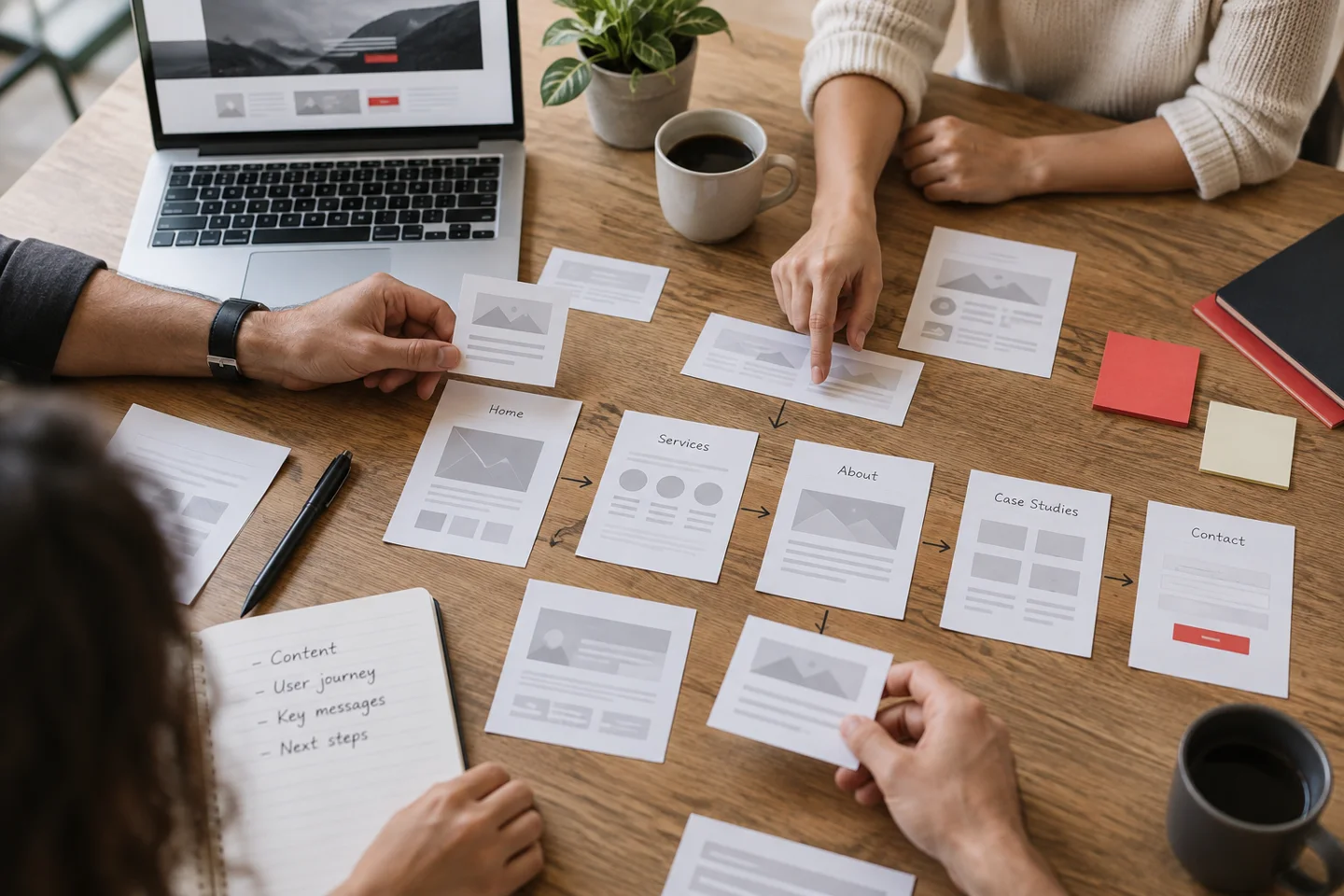 Team arranging website wireframes on a wooden table